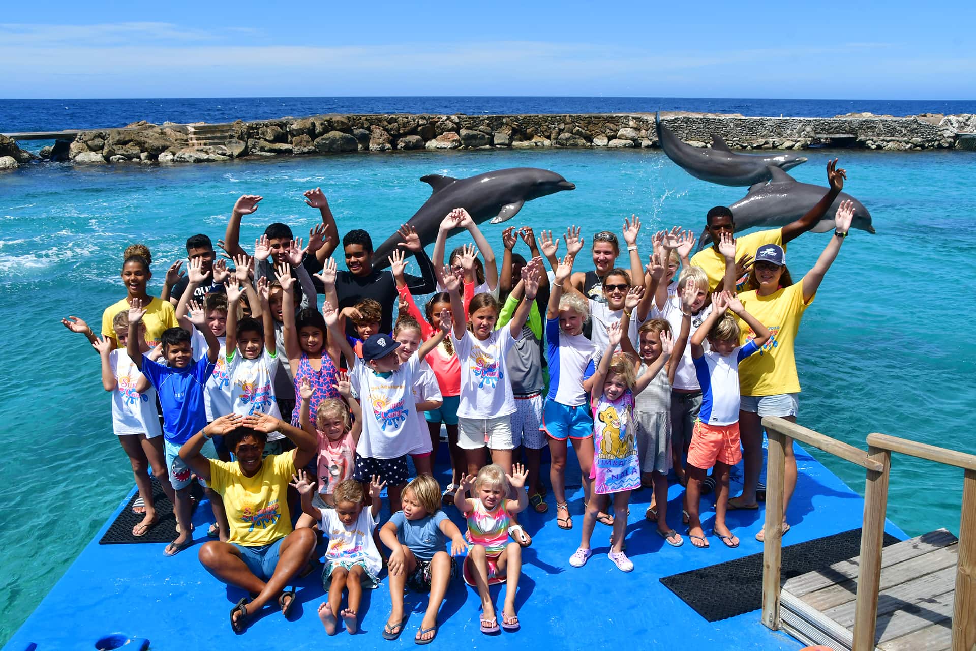 Un grupo de niños con las manos en alto para la foto durante su experiencia de grupo en la Academia de Delfines de Curaçao.